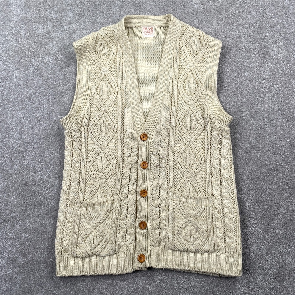 Thane Acrylic Cable Knitted Front Button‎ Cardigan Vest Sleeveless Size S Ivory